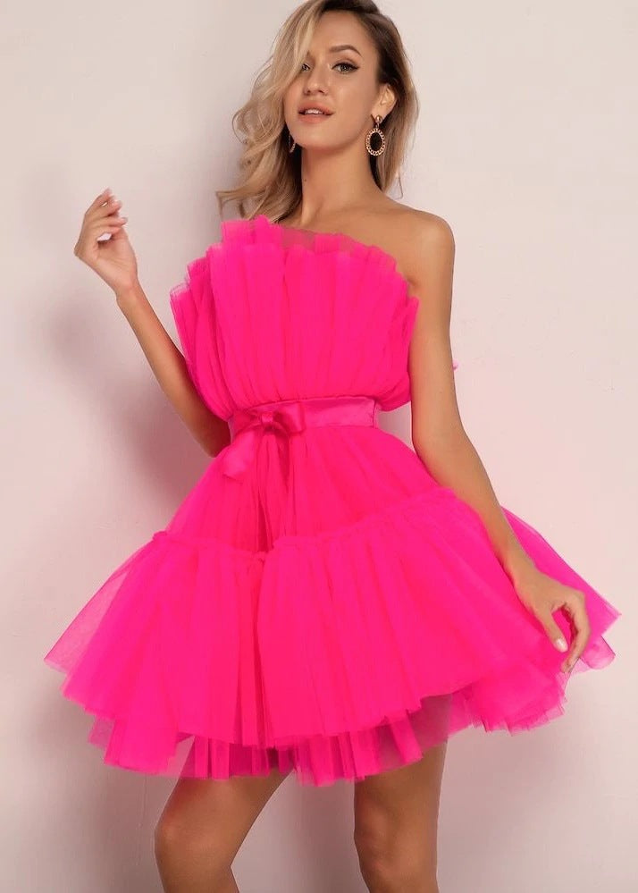 Sexy Strapless Tulle Bowknot Ball Gown Pary Dresses-Dresses-Rose Red-S-Free Shipping at meselling99