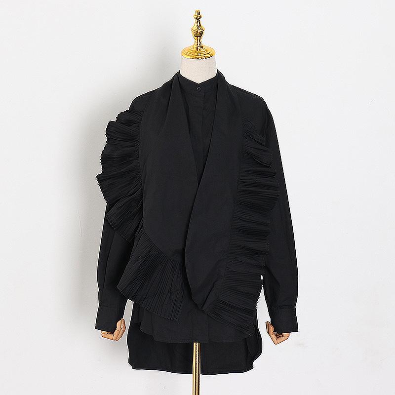 Women Stand Collar Pleat Designed Shirts-STYLEGOING