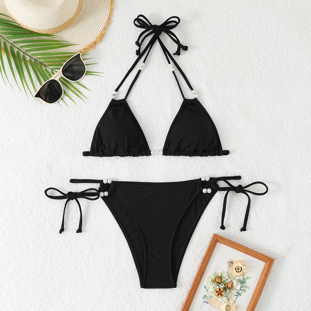 Pearl Strap Hollow-Out Bikini Set – Sexy Three-Piece Women's Swimwear