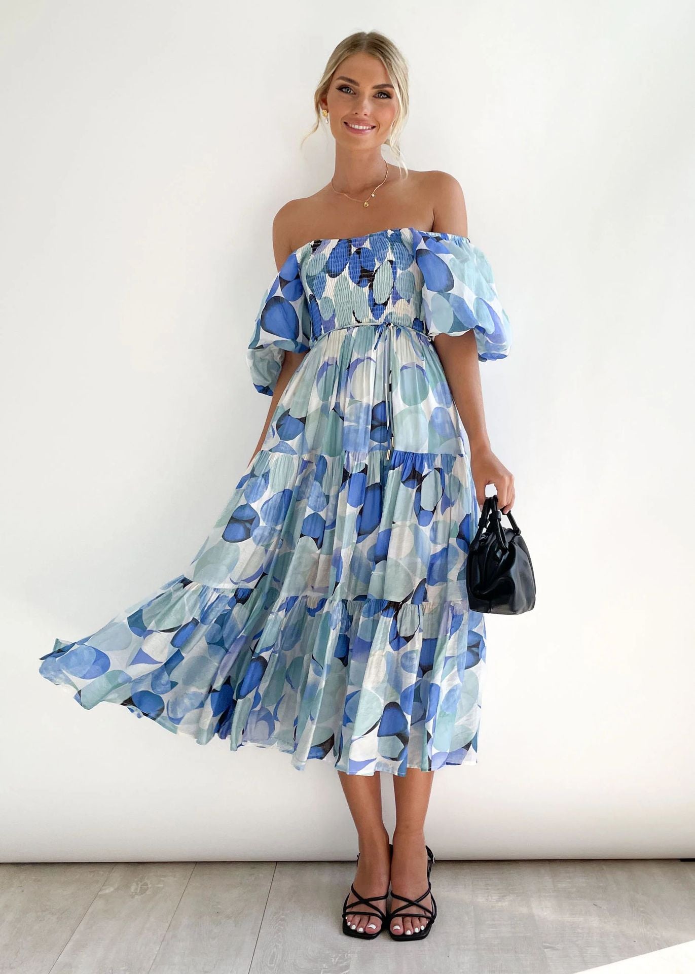 Spring Summer Off-Shoulder Floral Print Puff Sleeve Dress