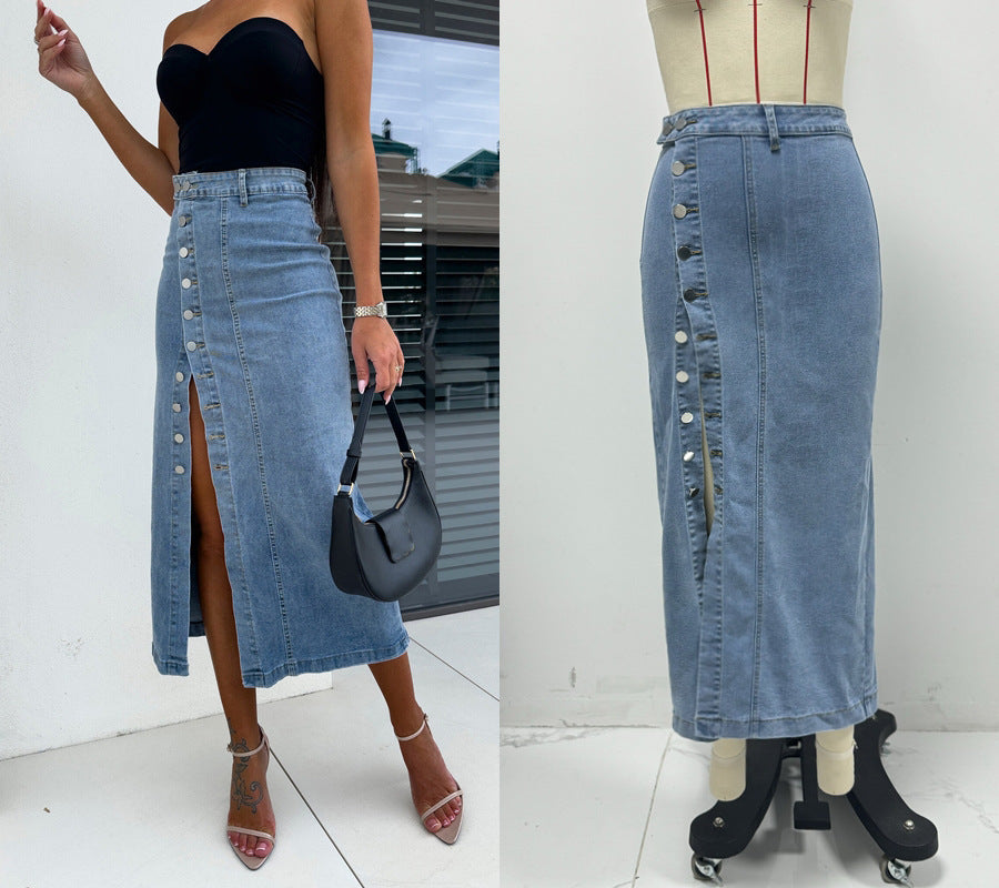 High Waist Asymmetrical Button-Down Denim Pencil Skirt