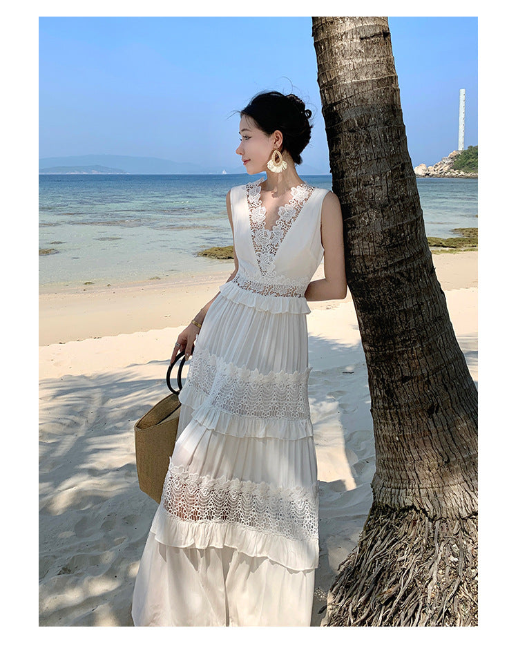 White Lace Cutout Dress -  Boho Summer Sundress for Vacations