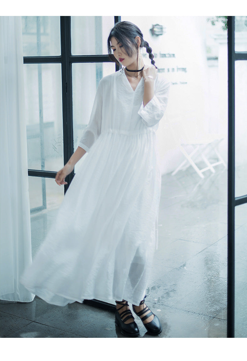 Casual Linen Half Sleeves Drawstring Long Cozy Dresses-Dresses-Free Shipping at meselling99