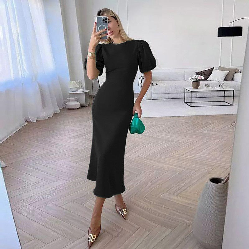 Elegant Round Neck High Waist Midi Dresses