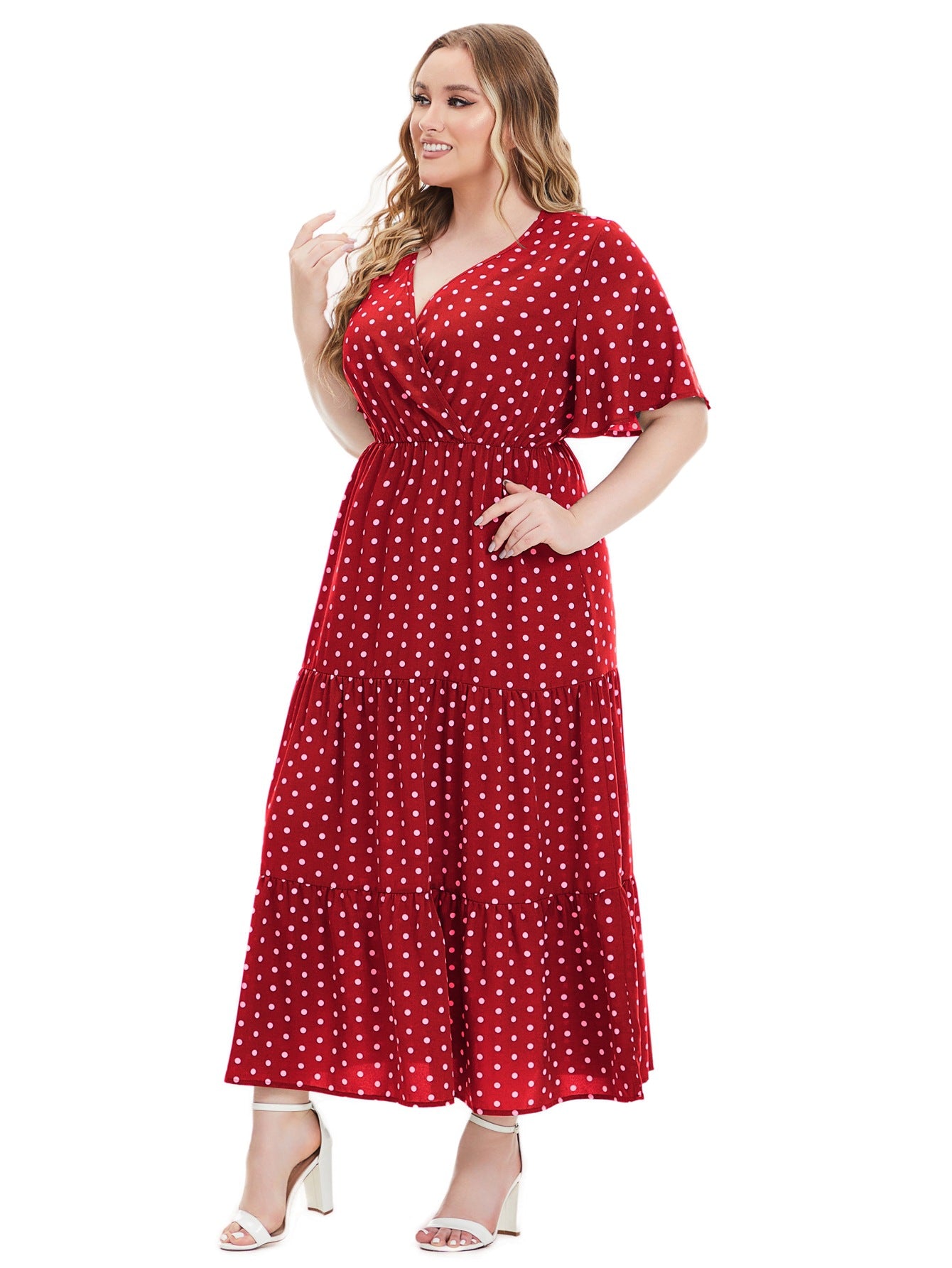 Plus Size Polka Dot V-Neck Swing Dress