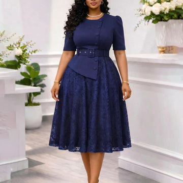 Summer Elegant Lace Spliced High-Waist Plus Size Two-Piece Look Dress