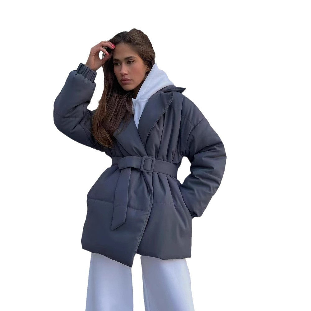 Women's Belted V-Neck Pure Color Long Sleeve Jacket