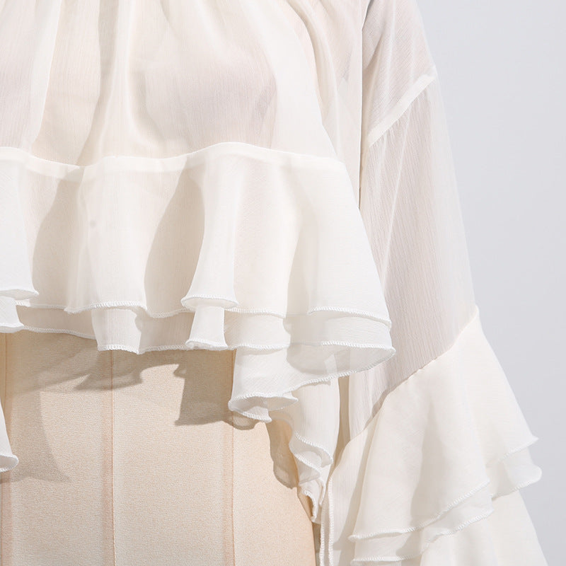 Women's Elegant Mesh Ruffle Long Sleeve Blouse