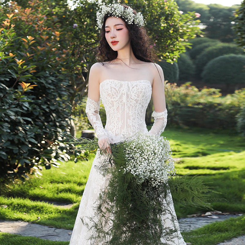 Vintage Forest Style Strapless Lace Wedding Dresses