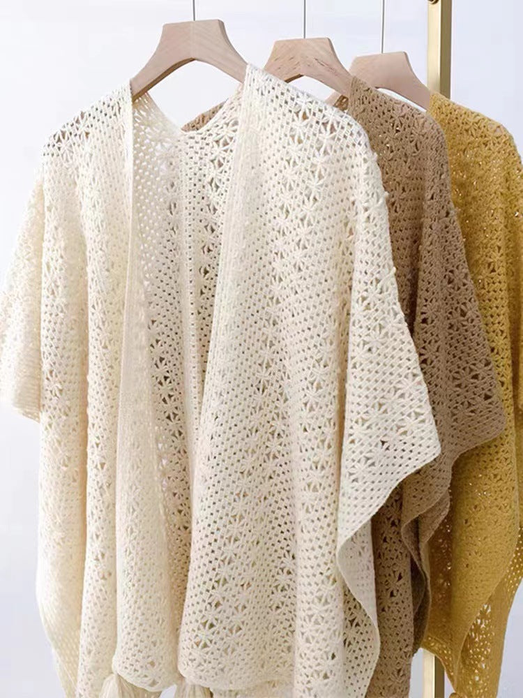 Boho Chic Knit Fringe Shawl – Ethnic Travel Wrap with Slit for Women