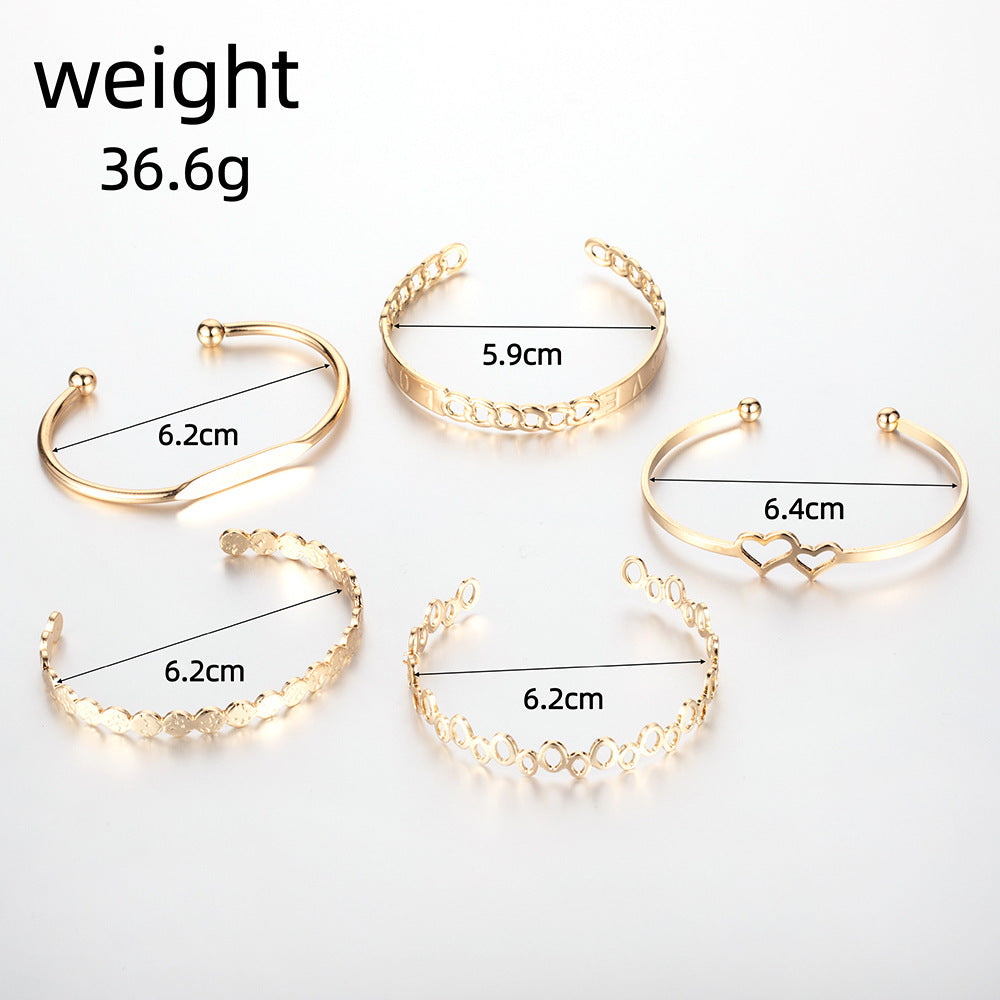 5-Piece Bracelet Set – LOVE Letter Open Bangle & Double Heart Bracelet (Boho Chic Jewelry)
