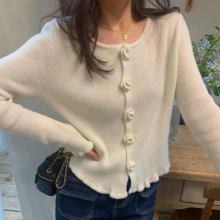 Floral Embroidery Button-Up Knit Cardigan