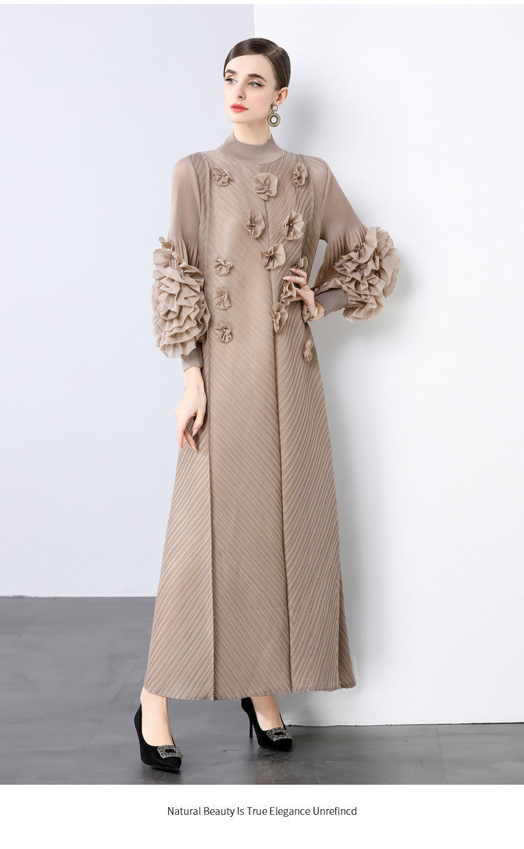 Stylish Slim-Fit Solid Color High Neck Dress with 3D Flowers