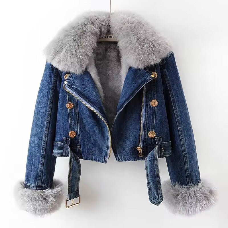 Winter Detachable Fox Fur Denim Jacket Coats for Women