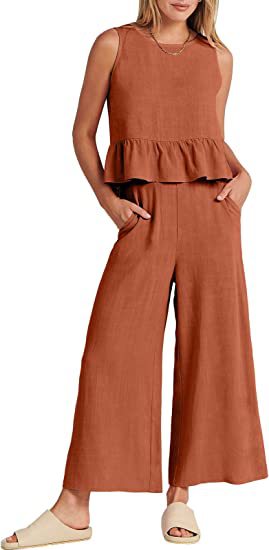 Women's Summer Sleeveless Pleated Vest & Wide-Leg Cropped Pants Casual Set