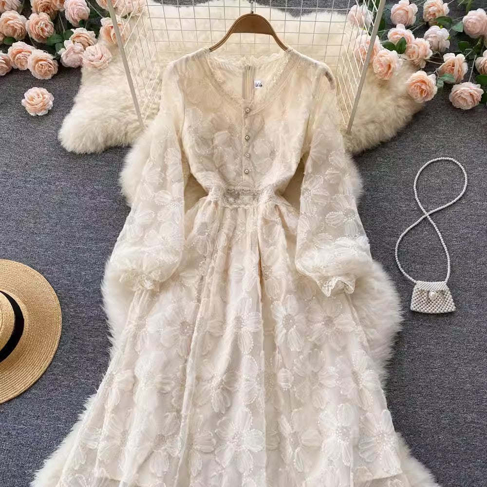 Elegant V-Neck Lace A-Line Midi Dress