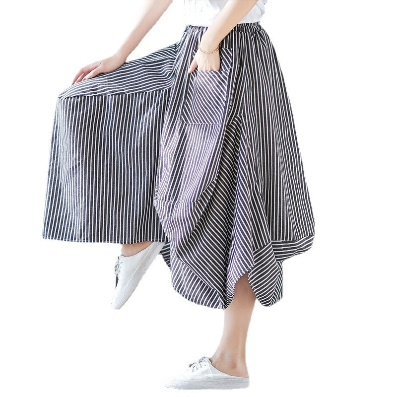 Women's Loose Fit Striped Cotton-Linen Drawstring Waist Lantern Skirt