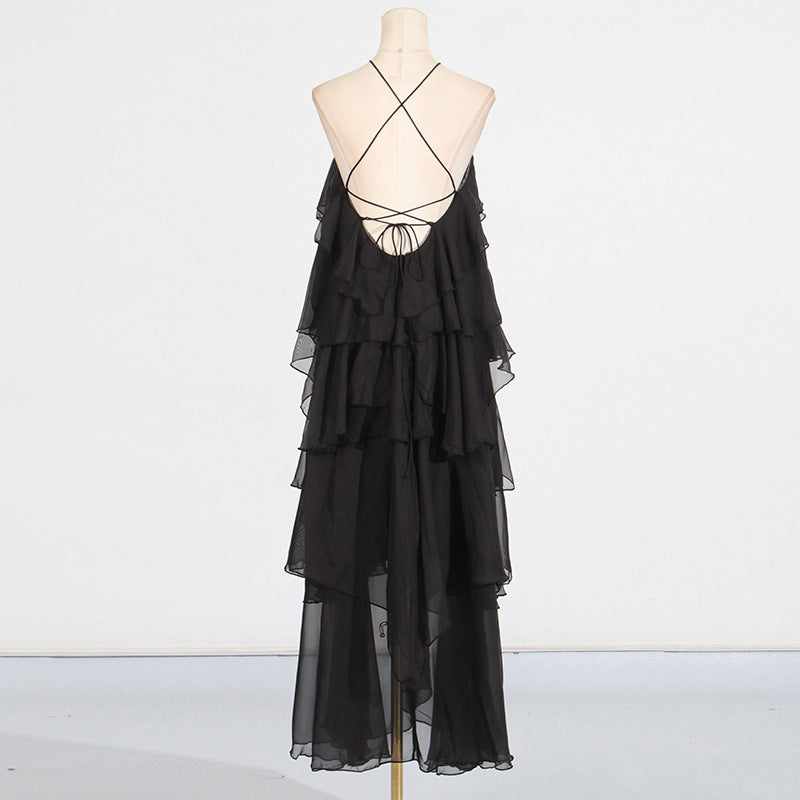 Elegant High-Society Style Dress – Off-Shoulder Backless Maxi Dress with Layered Hem