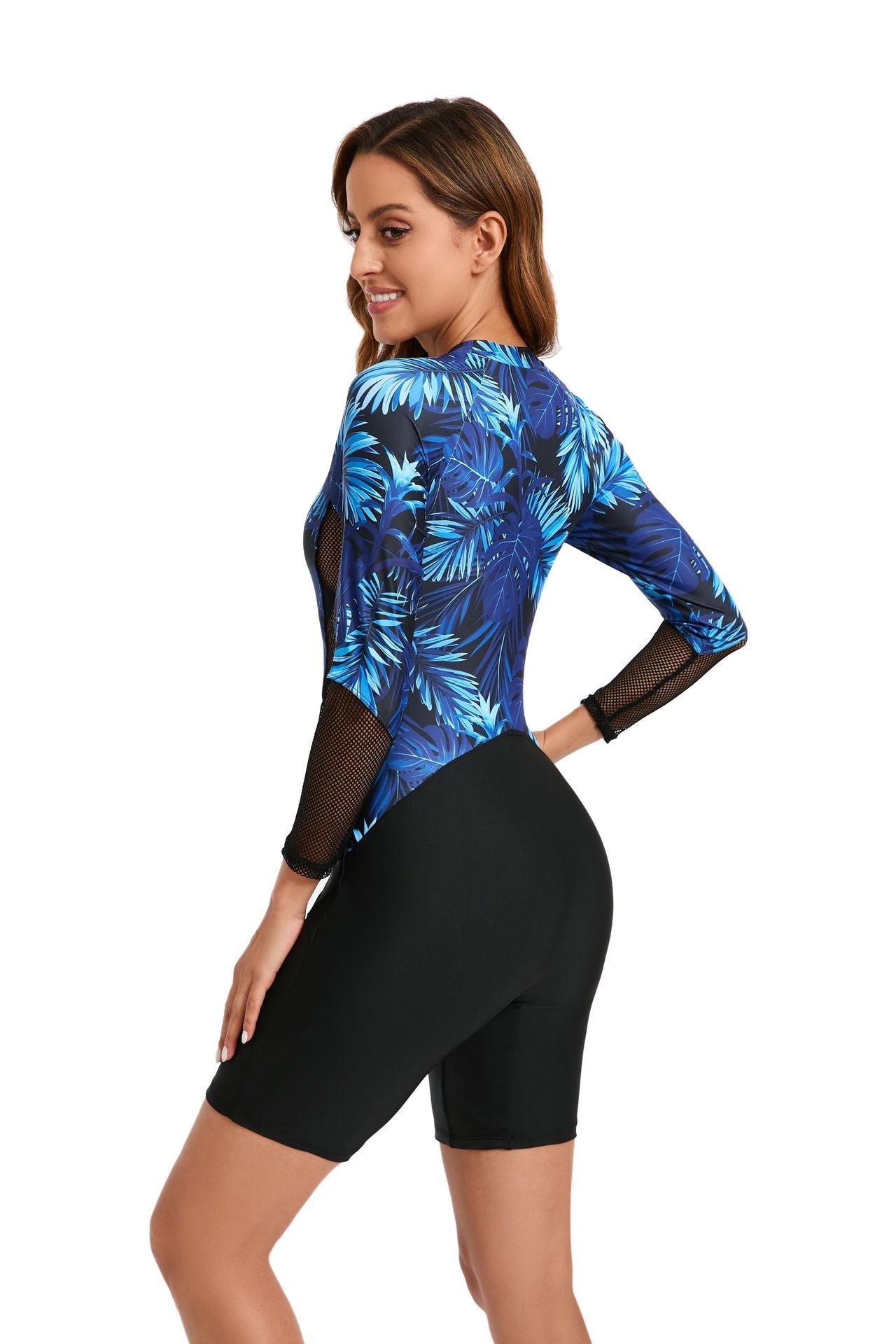 Mesh Panel Long-Sleeve Zip-Up One-Piece Swimsuit with Boy Shorts