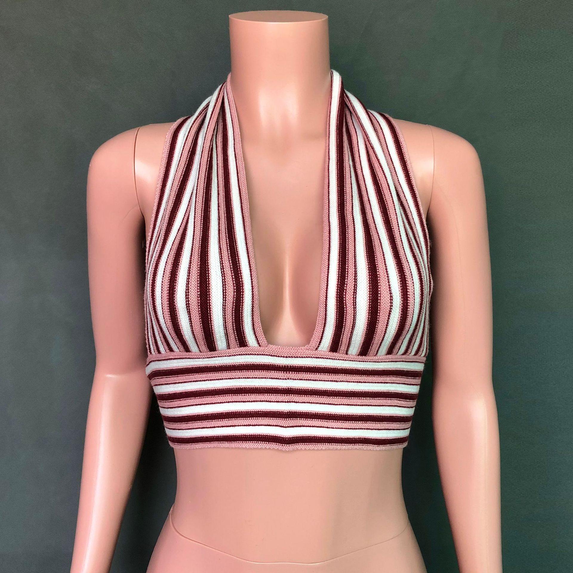 Striped Deep V-Neck Backless Women Tops-STYLEGOING