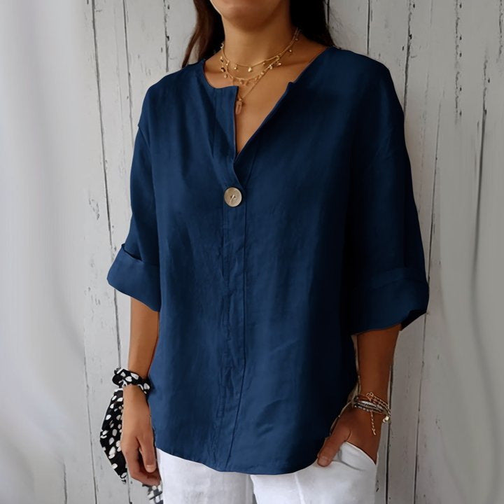 Women's Summer Loose-Fit V-Neck Cotton Linen Button-Up T-Shirt