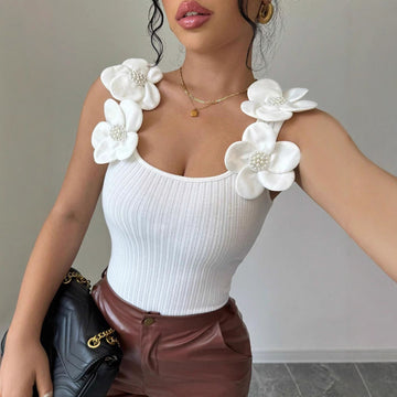 Summer Fashion Elegant Casual 3D Floral Embellished Knit Sleeveless Top