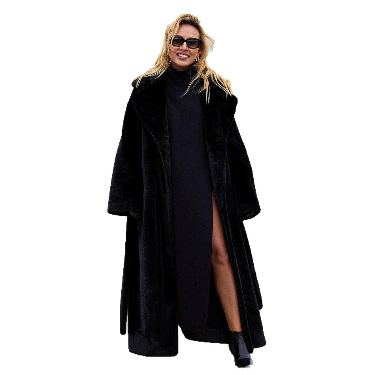 Women's Long Plush Fur Coat with Belted Waist & Notched Lapel