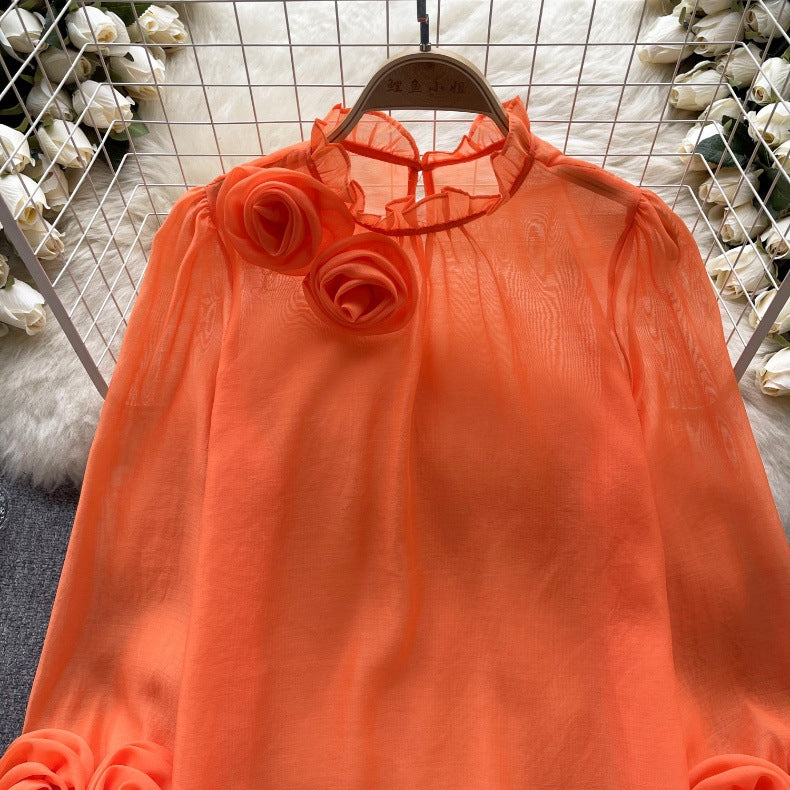 Designed 3D Flowers Chiffon Long Sleeves Shirts