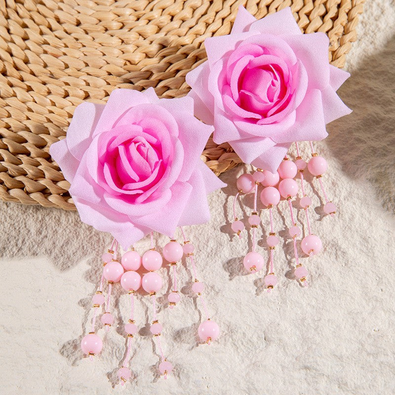 Boho Blooms: Oversized Faux Flower Tassel Earrings