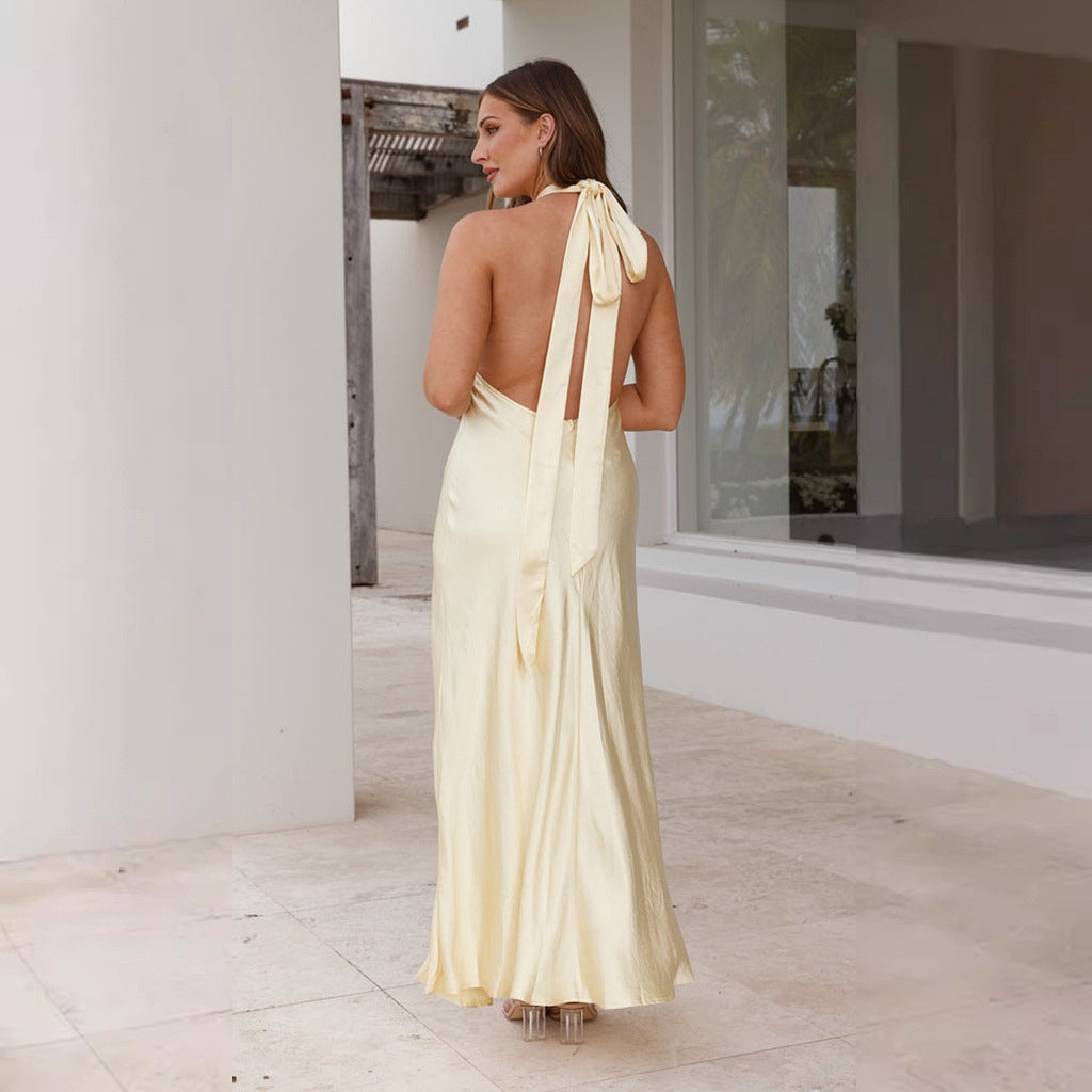 Women's Satin Halter Neck Slit Maxi Dress with Cinched Waist
