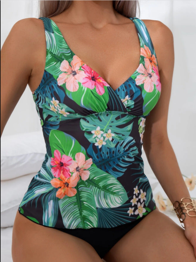 Women's Tankini Swimsuit Two-Piece with Leaf Print Straps