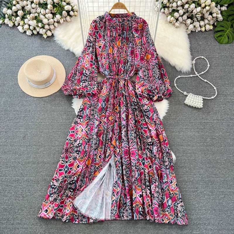 Retro Palace Style Lantern Sleeve Round Neck A-Line Floral Print Button-Down Waist Dress