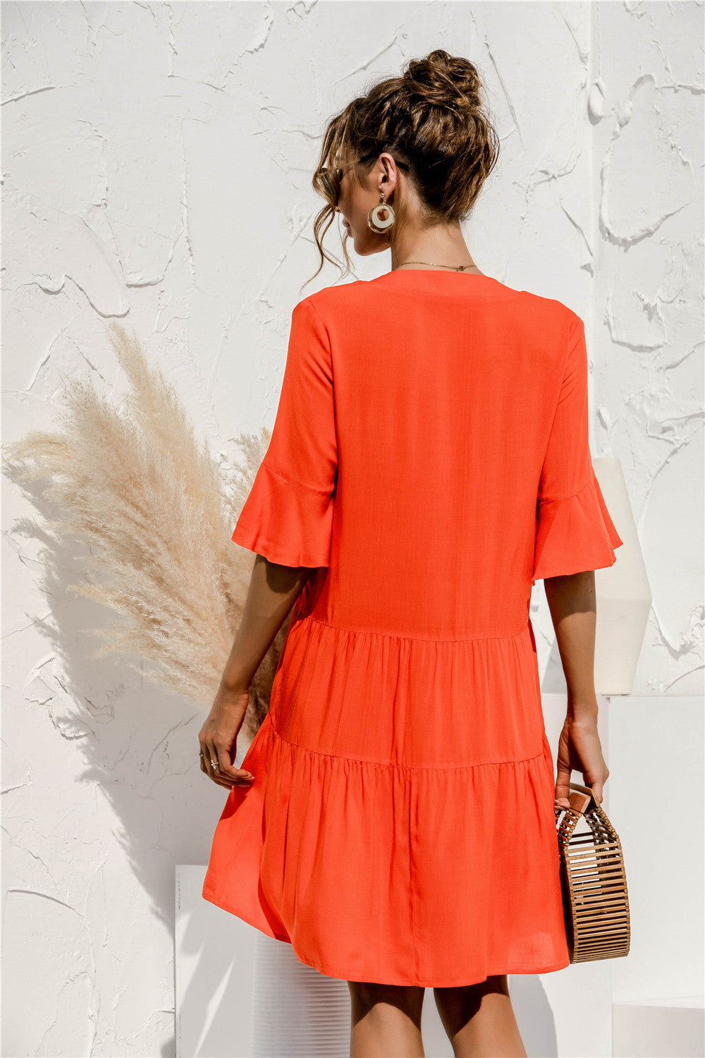 Women's V-Neck Flared Sleeve Tiered Contrast Panel Dress