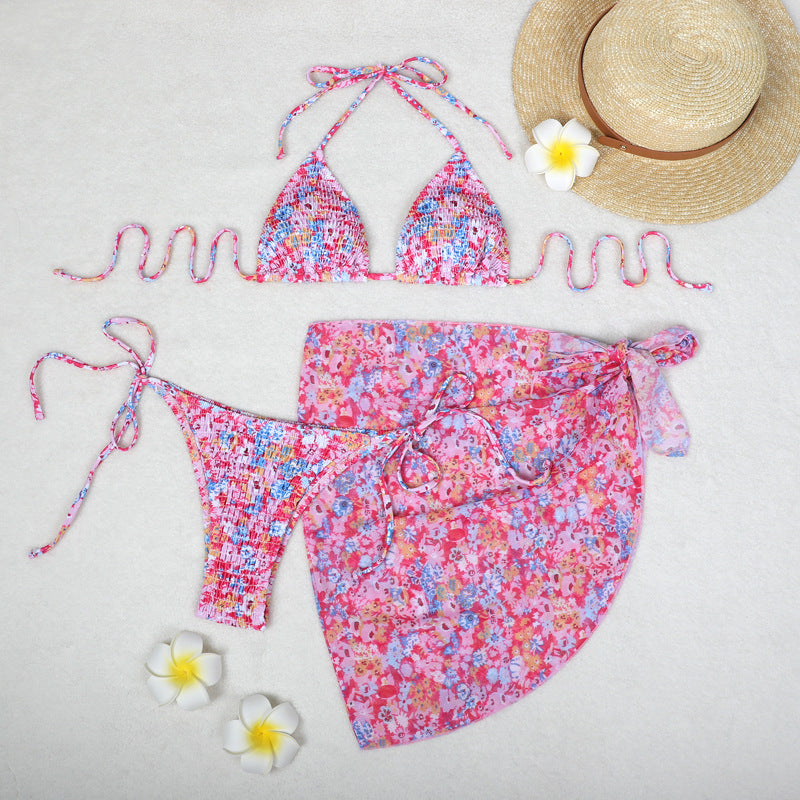 Print Bikini Three-Piece Set – Sheer Skirt Separates, Sexy Vacation Swimwear