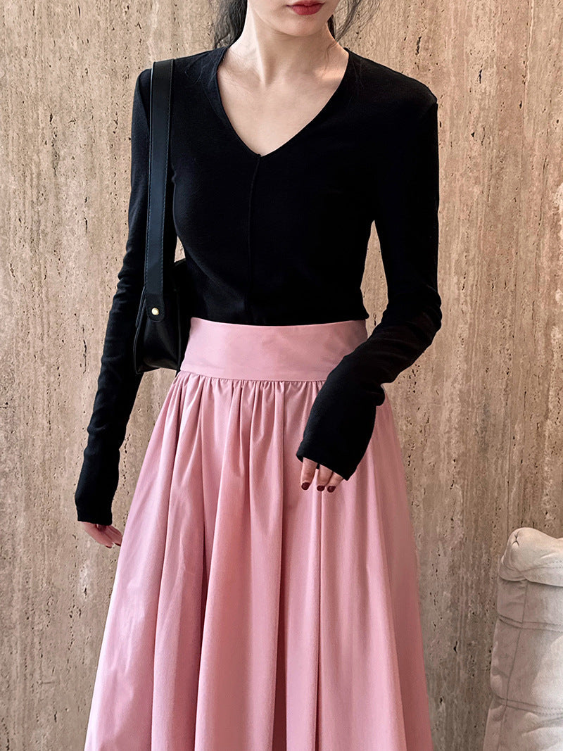 Elegant Pink Midi Skirt – Flowy A-Line Pleated Skirt with High Waist