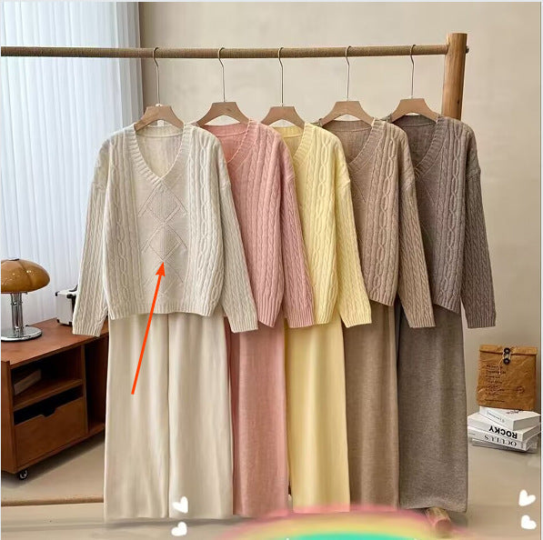 Women's Fashion Casual Long Sleeve Sweater Set – Winter Warm Knit Pullover & Wide-Leg Pants Two-Piece Outfit