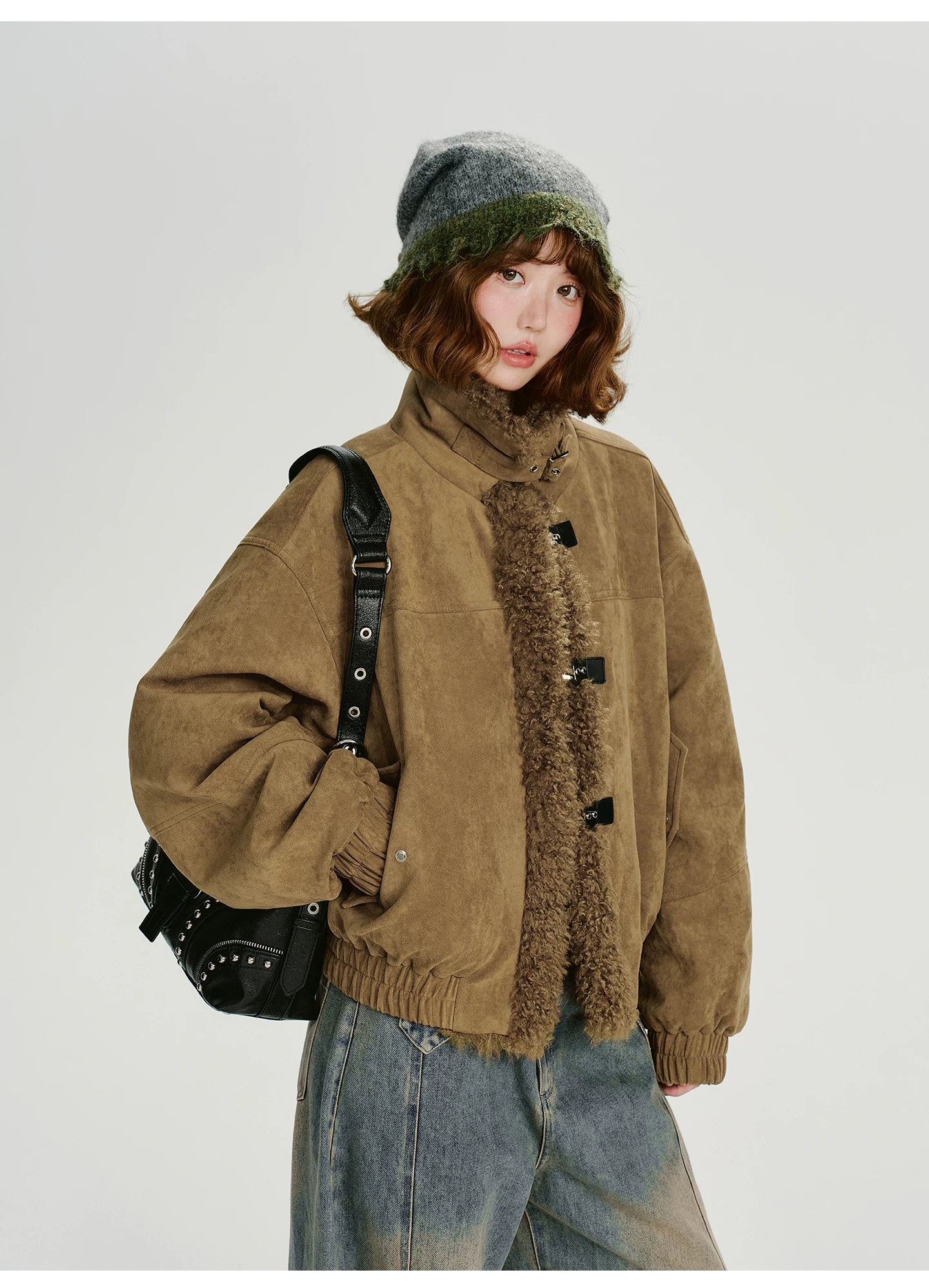 Girlyhalo Vintage Suede & Faux Shearling Patchwork Winter Coat