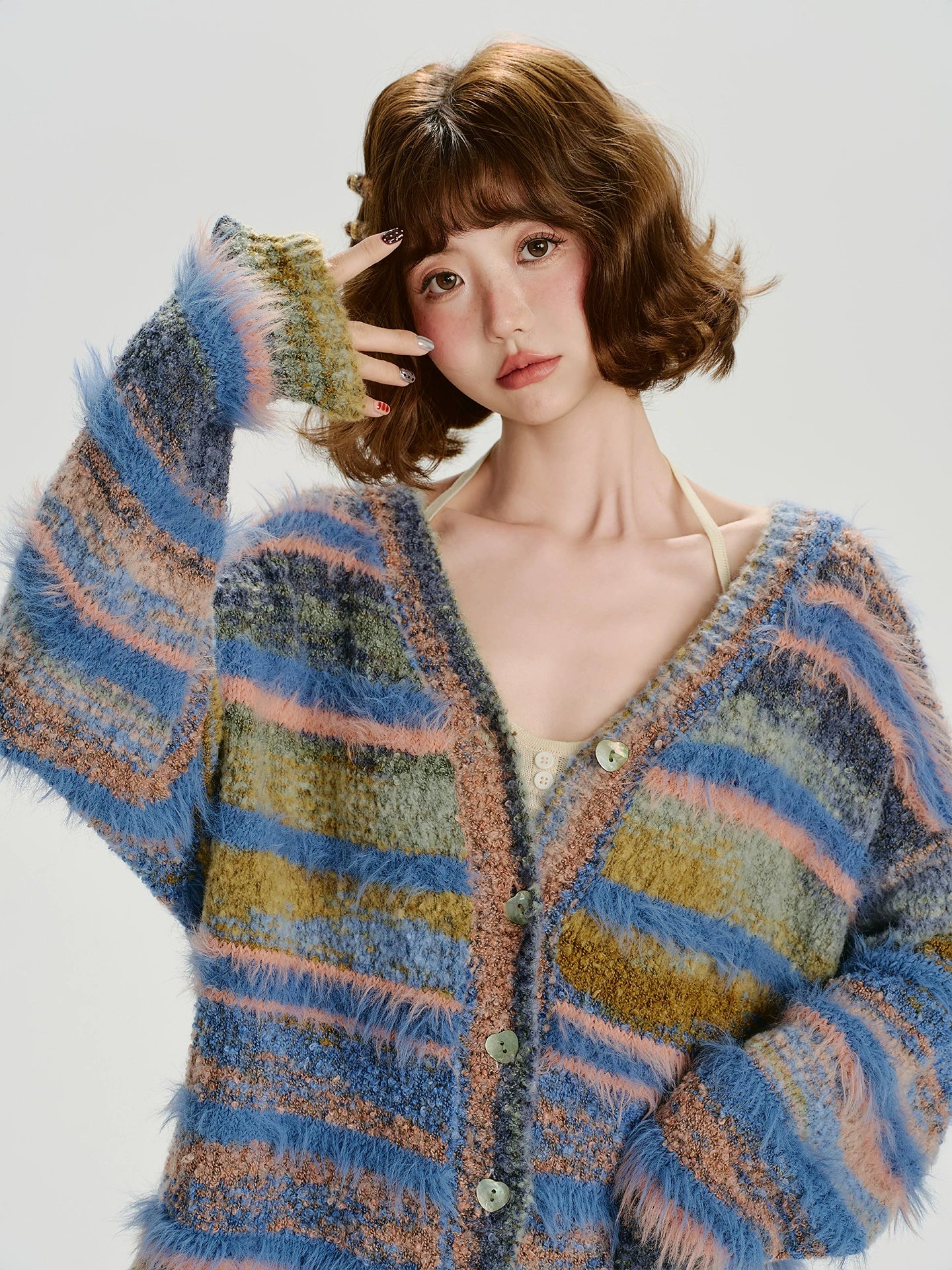 Girlyhalo Vintage Gradient Striped Plush Cardigan