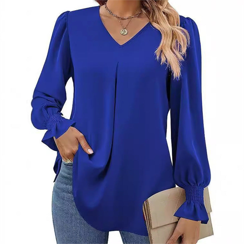 Women's Solid Color Chiffon V-Neck Bell Sleeve Blouse
