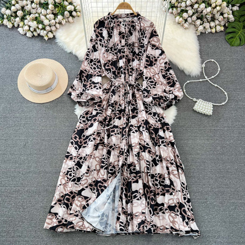 Retro Palace Style Lantern Sleeve Round Neck A-Line Floral Print Button-Down Waist Dress