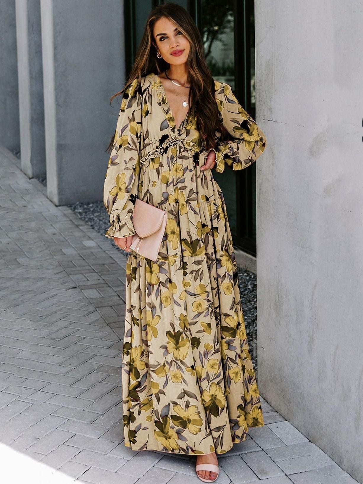 Elegant Long Sleeve Printed Maxi Evening Dress