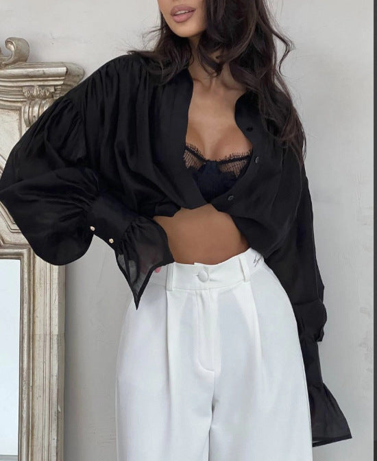 Women's Sheer Sexy Solid Color Blouse Shirts-White-S-Free Shipping Leatheretro