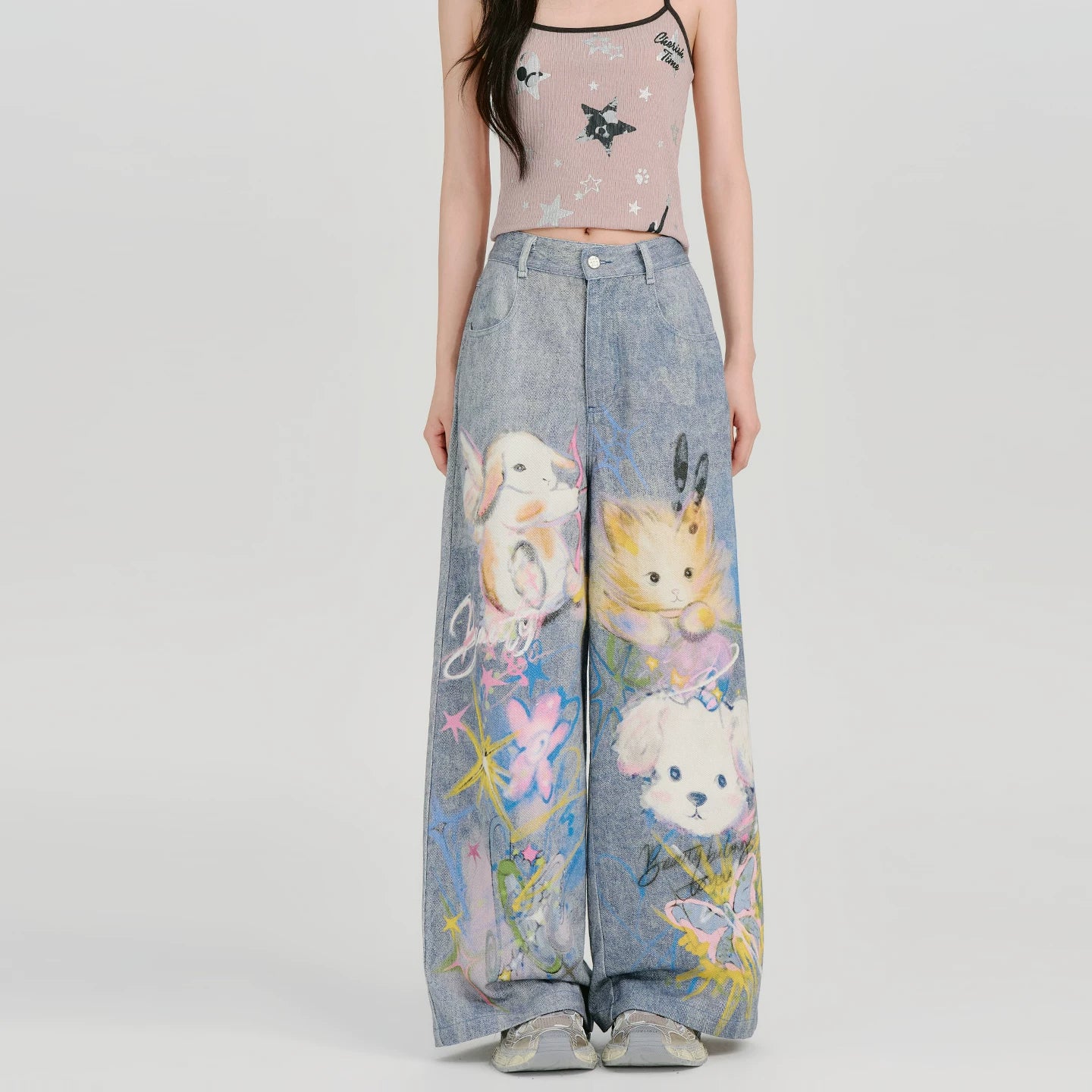 GirlyHao Vintage Tie-Dye Cartoon Print Wide Leg Jeans