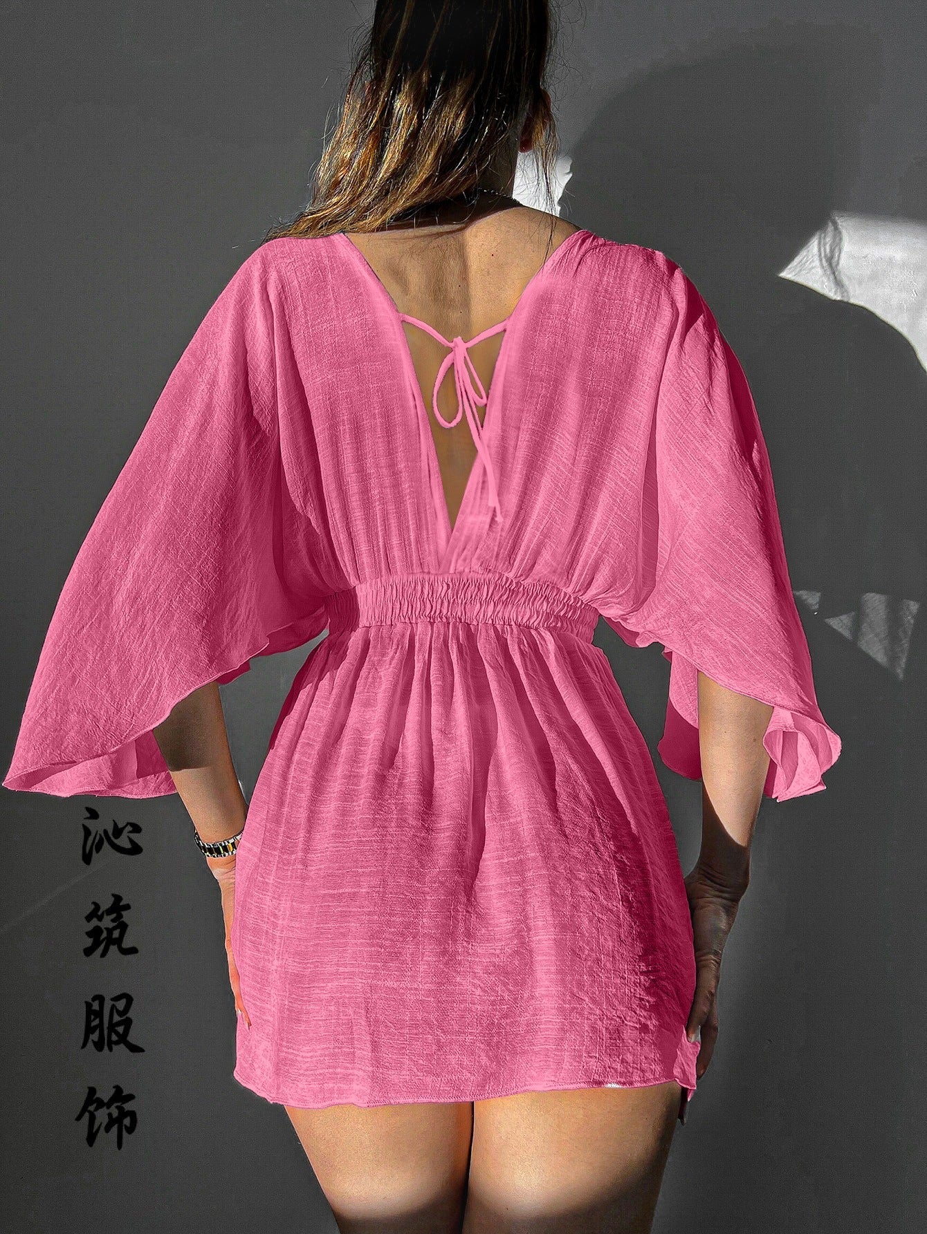 Sexy Backless Beach Dress – High-Waist Short Sleeve Wrap Shirt for Women