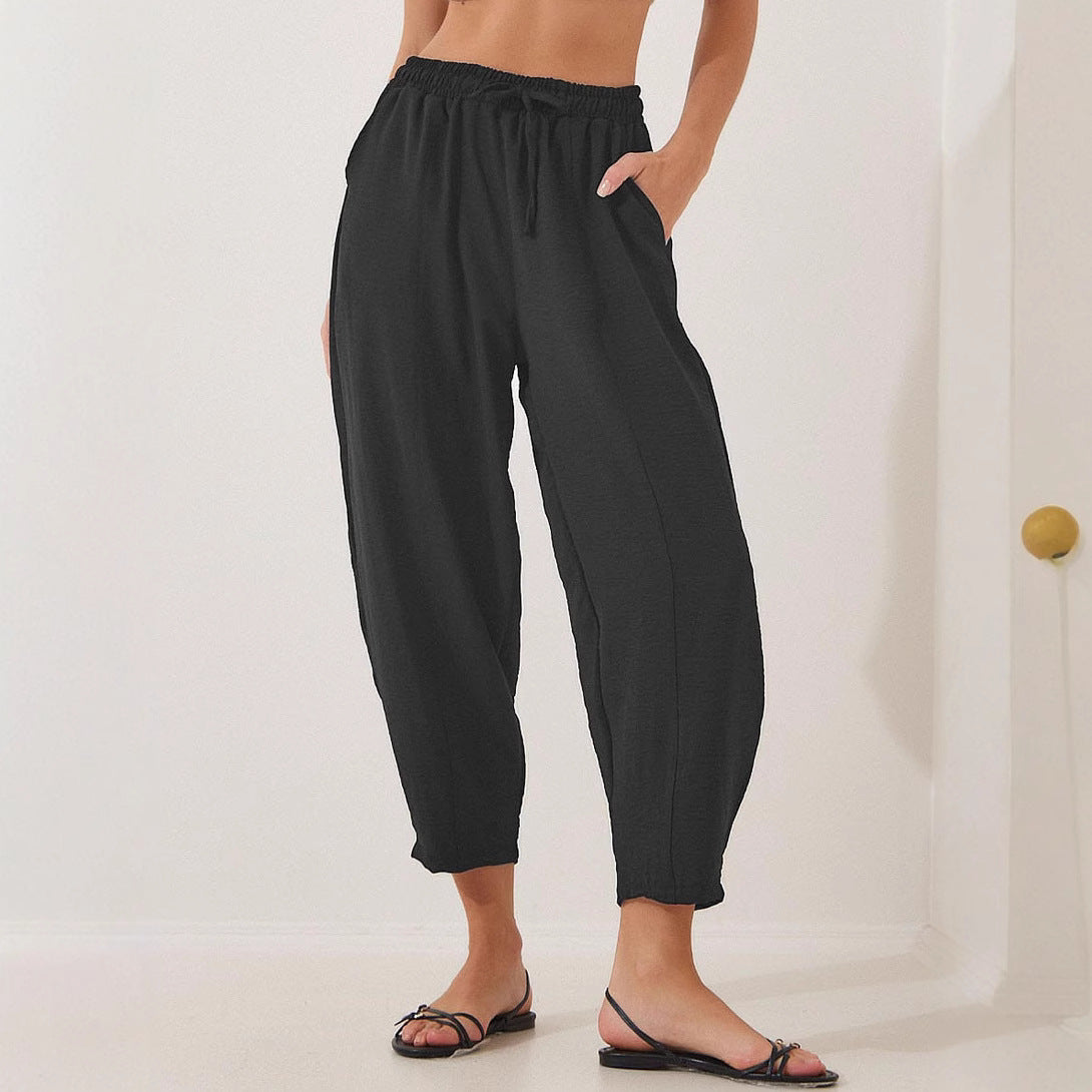 Women's Summer High-Waisted Loose Vacation Drawstring Casual Cropped Pants with Side Pockets