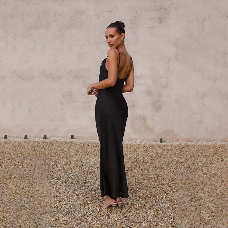 Slim Fit Deep V-Neck Sleeveless Solid Color Dress