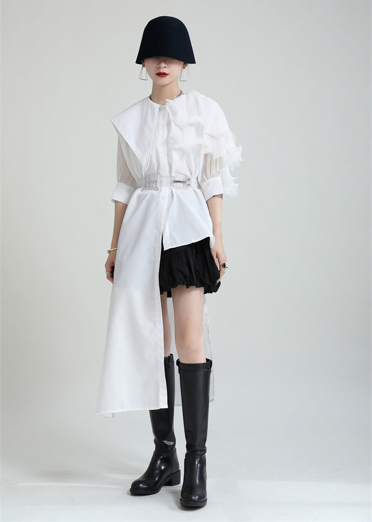 Summer Asymmetrical Bubble Sleeve Shirt Dress with Peplum Waist & Patchwork Design