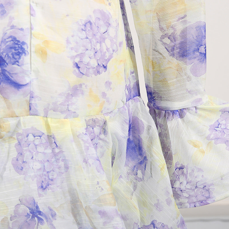 Floral Lace Trim Cake Dress – Summer Deep V-Neck Bell Sleeve Maxi Dress