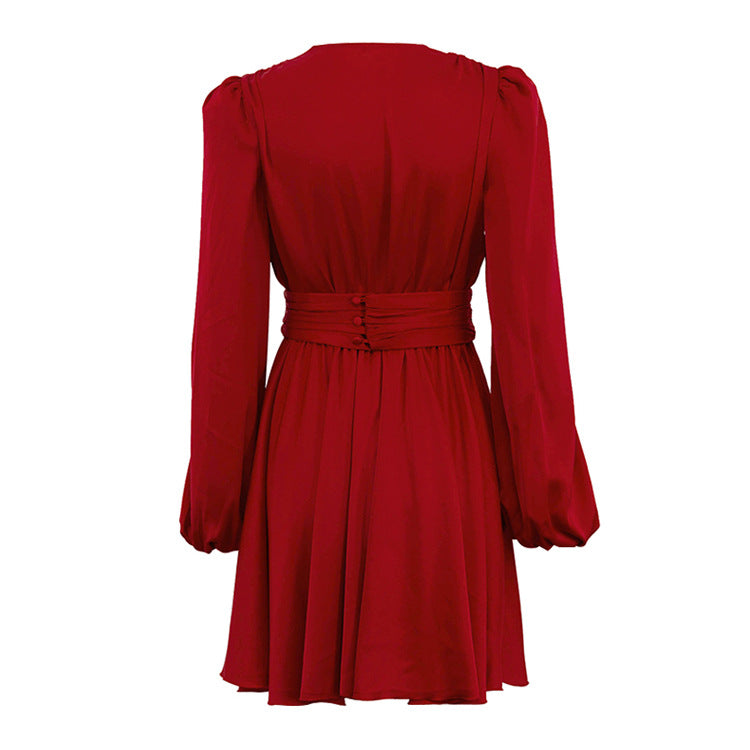 Elegant Red Ruffled Satin Dress