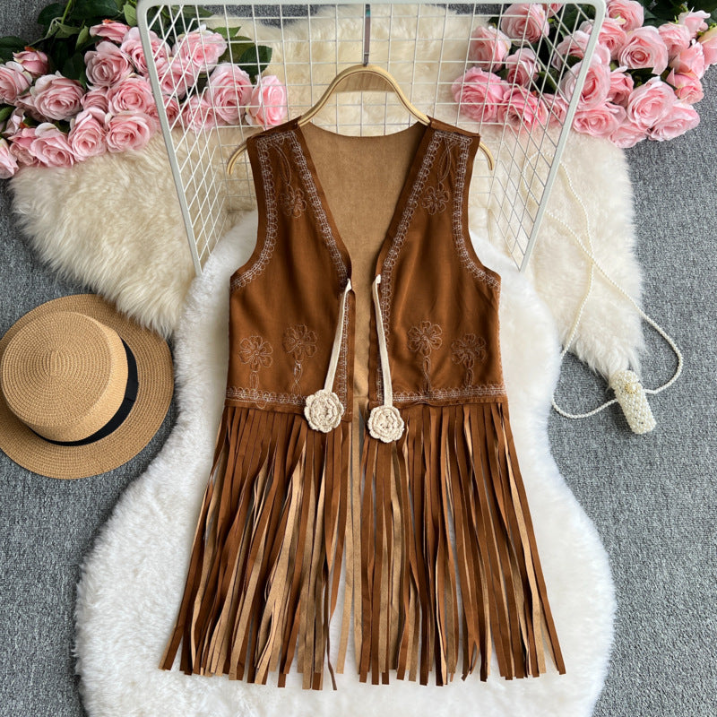 Bohemian Vintage Vest – Embroidered Floral Long Fringe Open Front Cardigan